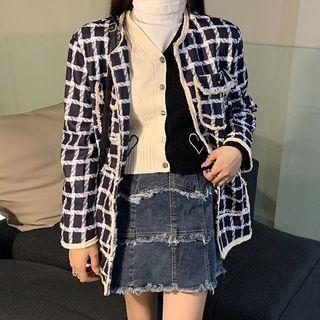 Plaid Jacket / Two-tone Cardigan / Turtleneck Long-sleeve T-shirt / Fringed Trim Denim Mini A-line Skirt