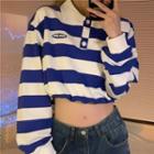 Lapel Striped Long-sleeve Cropped Sweatshirt Blue - One Size