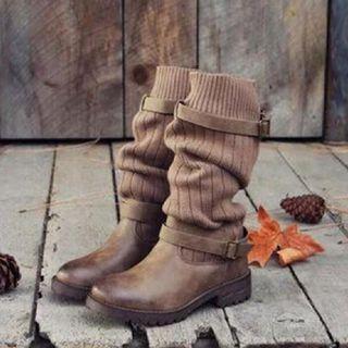Buckled Knit Panel Mid Calf Boots