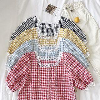 Color-block Plaid Lace-trim Panel Square-neck Short-sleeve Blouse