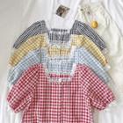 Color-block Plaid Lace-trim Panel Square-neck Short-sleeve Blouse