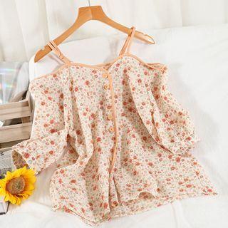 3/4-sleeve Cold Shoulder Floral Print Top