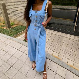 Flap-front Slit-side Denim Jumpsuit Light Blue - One Size