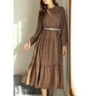 Frilled Floral Long Chiffon Tiered Dress Brown - One Size