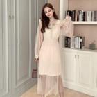 Crochet Trim Long-sleeve Midi A-line Mesh Dress