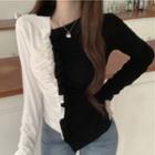 Long-sleeve Two Tone Top Black & White - One Size
