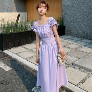 Puff-sleeve Plain A-line Midi Dress
