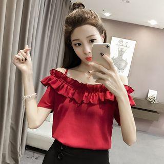 Short-sleeve Cold-shoulder Ruffle Chiffon Blouse