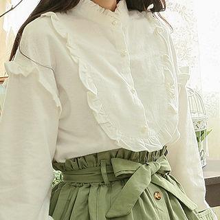 Stand-collar Frilled Blouse White - One Size