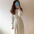 Long-sleeve Tie-waist Pleated Dress White - One Size