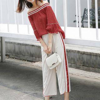 Set: Off-shoulder Chiffon Top + Contrast Trim Cropped Pants