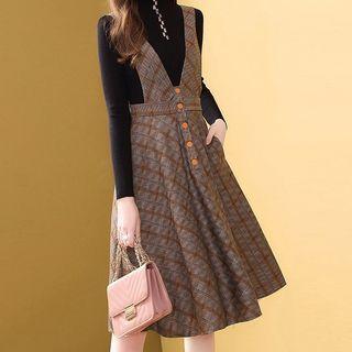 Set: Long-sleeve Knit Top + Plaid Suspender Skirt