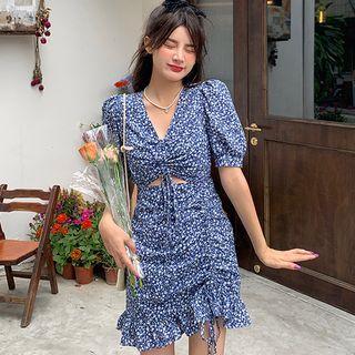 Puff-sleeve V-neck Cutout Drawstring Floral Mini Dress