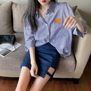 Short-sleeve Striped Shirt / Asymmetric Slim Fit Skirt