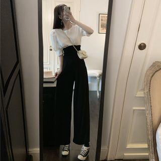 Puff-sleeve Plain Top / High-waist Wide-leg Pants