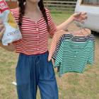 Short-sleeve Striped Buttoned Cropped Top