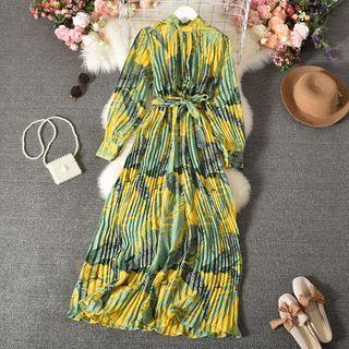 Leaf Print Accordion Pleated Midi A-line Dress Yellow - One Size