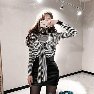 Turtle-neck Tie-front Stripe Top