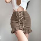 High-waist Lace-up Ruffled Hem Mini Skirt