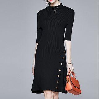 Plain Button Midi A-line Knit Dress