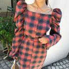 Puff-shoulder Plaid Blouse & Midi Skirt Set