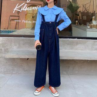 Wide-leg Cropped Denim Jumper Pants Blue - One Size