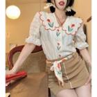 Short-sleeve Flower Embroidered Lace Blouse Red & Almond - One Size