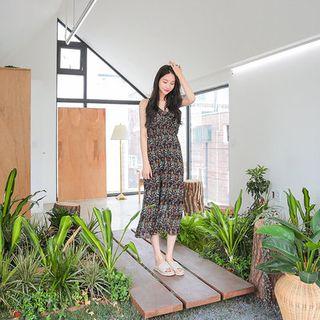 Spaghetti-strap Gathered-waist Pattern Long Dress