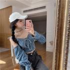 Detachable Sleeve Denim Blouse Blue - One Size