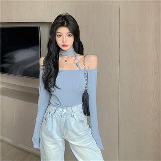 Off-shoulder Long-sleeve Plain Halter Top