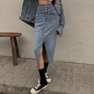 Slit-hem High-waist Denim Midi Skirt