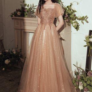 Puff-sleeve Mesh A-line Evening Gown (various Designs)