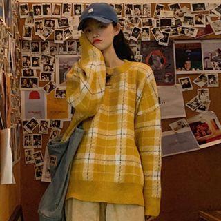 Oversize Plaid Knit Sweater / High-waist Wide-leg Corduroy Pants