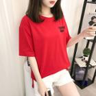 Letter Embroidered Cut Out Back Elbow Sleeve T-shirt