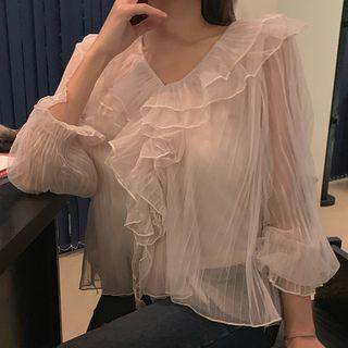 V-neck Ruffle-trim Sheer Blouse
