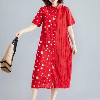 Short-sleeve Pattern Midi Shirt Dress