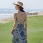 Spaghetti-strap Lace-up Back Patterned Maxi A-line Dress