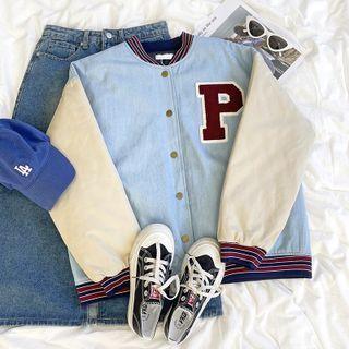 Long-sleeve Applique Panel Bomber Jacket Blue - One Size
