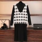 Set: Plaid Knit Vest + Long-sleeve Dress Set Of 2 - Vest - Black & White - One Size / Dress - Black - One Size