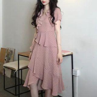 Short-sleeve Dotted Ruffle Trim Midi A-line Dress