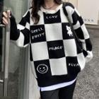 Long-sleeve Plaid Knit Sweater Black & White - One Size