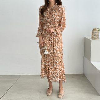 Tie-neck Floral Tiered Long Dress