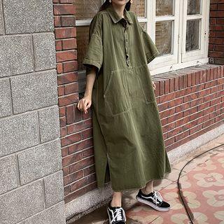 Contrast Stitching Elbow-sleeve Midi Shirt Dress