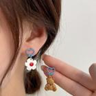 Bear & Flower Asymmetrical Dangle Earring 1 Pair - Silver Needle Stud Earrings - Non-matching - Blue - One Size