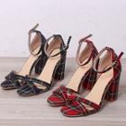 Plaid Chunky Heel Ankle Strap Sandals