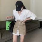 Long-sleeve Plain Shirt / Button-up High-waist Mini Skirt