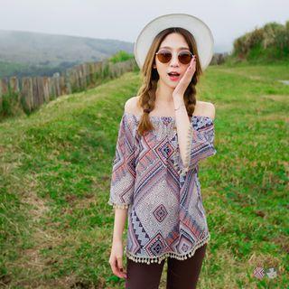 Tasseled Geo Print Off Shoulder Top