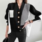 Color-block Chevron Knit Cardigan Black - One Size