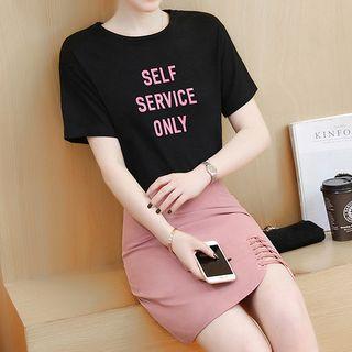 Set: Lettering Short Sleeve T-shirt Plain Pencil Skirt