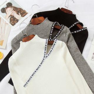 Long-sleeve Mock Neck Cold-shoulder Lettering Knit Top